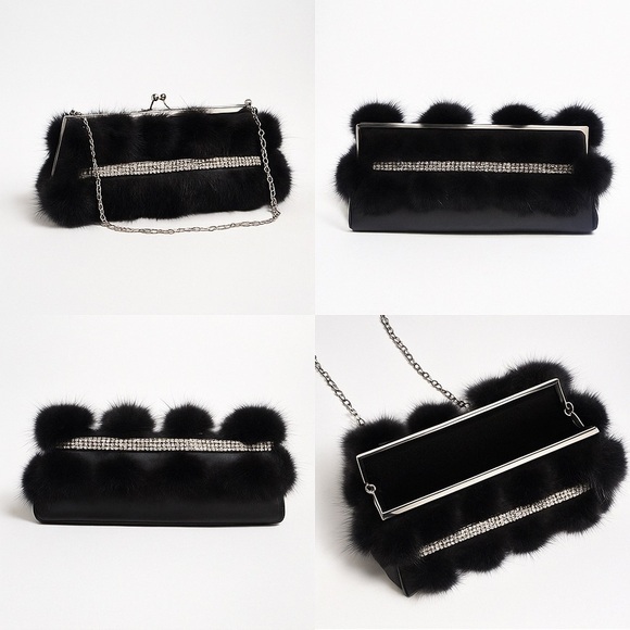Secret Gardens by Karen Sharf black pom-pom rhinestone baguette clutch - Picture 9 of 11